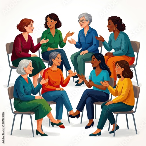 A diverse group of women engage in a lively discussion while seated in a circle.