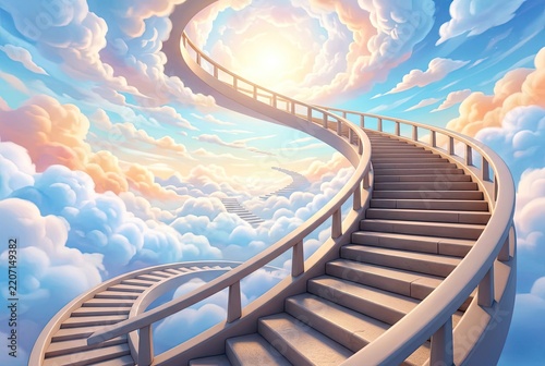 A celestial staircase ascends into a sky filled with soft, luminous clouds and bright sunlight.