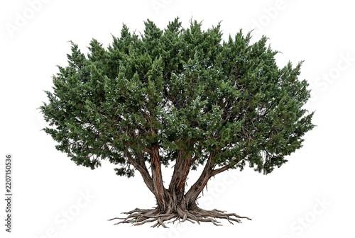 Ultra-realistic mature Mountain Cedar Ashe Juniper (Juniperus ashei), medium-sized dense evergreen with a broad rounded crown, dark blue-green scale foliage, multiple irregular trunks,
