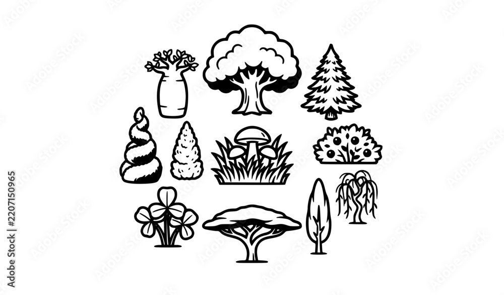 Obraz premium Modern Thick Outline Cartoon Forest Plants and Trees Icons 