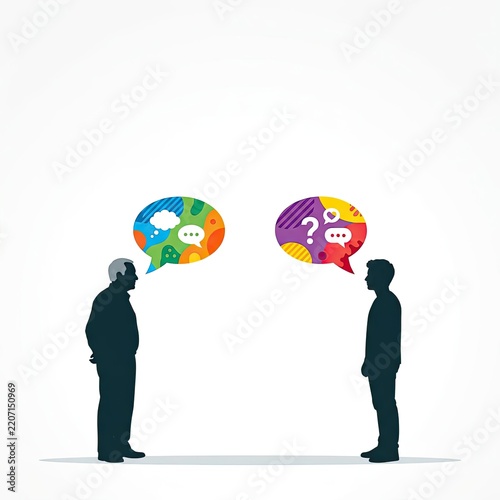 Two people communicating through colorful thought bubbles, representing diverse ideas.