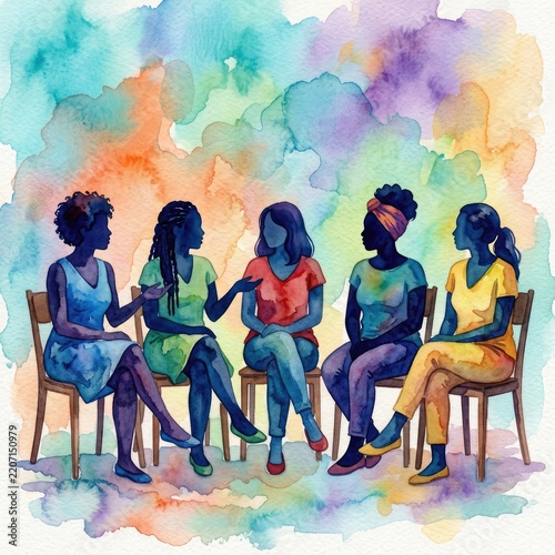 Five women of color in silhouette engage in conversation, seated in chairs against a colorful watercolor background.