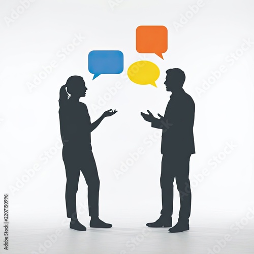 Silhouettes of a man and woman conversing with colorful speech bubbles above them.