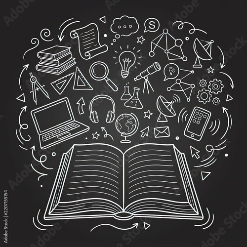 An open book with various educational and scientific icons drawn around it.