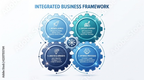 Integrated business framework infographic with four interconnected gears