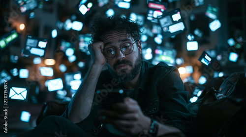 Exhausted Man Overwhelmed by Digital Notifications and Social Media