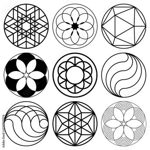Black color circular geometric and floral like symbols set, flat creative and spiritual designs, abstract vector symbols with isolated background.