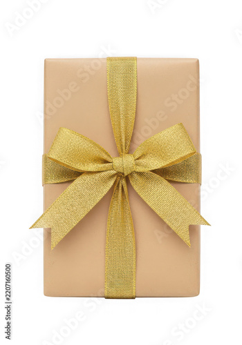 Small gift box wrapped in brown paper with a sparkly gold ribbon bow isolated on white background