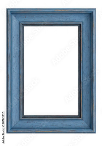 Vintage blue wooden picture frame with a rustic weathered texture isolated on white background