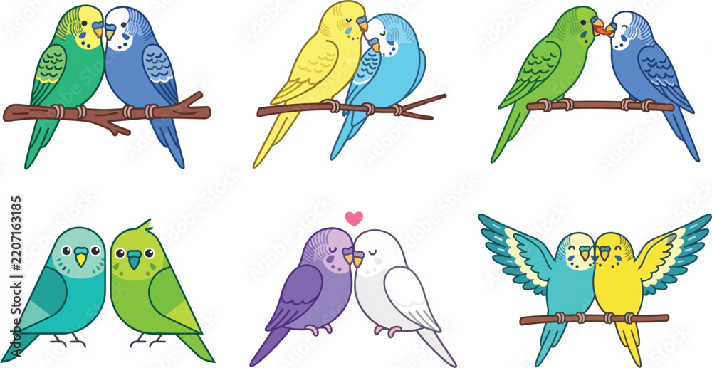 Obraz premium Cute Budgie and Parakeet Pairs Vector Set Green and Blue Budgerigar Couple on Branch Yellow and Sky Blue Perched Birds Kissing Parakeets Sweet Side by Side Standing Birds Romantic Violet