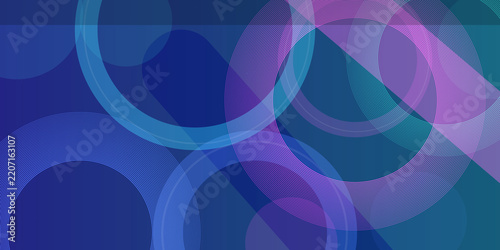 Modern geometric composition features layered blue and purple rings on gradient backdrop.