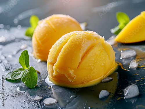 Yellow mango sorbet ice cream scoops with fresh mint and ice