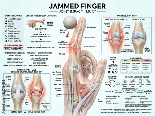 Detailed medical illustration explaining jammed finger joint anatomy impact injury mechanisms physical therapy and recovery principles