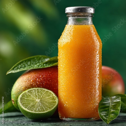 Fresh mango juice bottle with ripe mangoes and lime slices on natural wooden surface in bright daylight