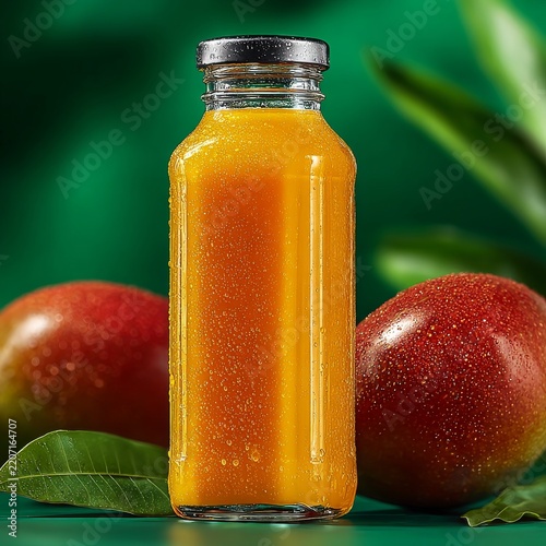 Fresh mango juice bottle with ripe mangoes on green leafy background in natural daylight