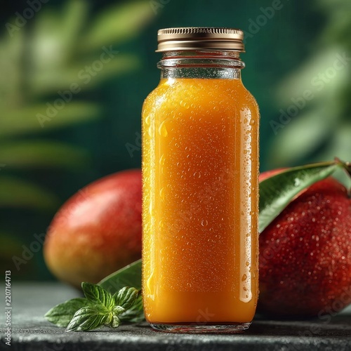 Freshly squeezed mango juice in glass bottle with ripe fruits on wooden counter natural daylight
