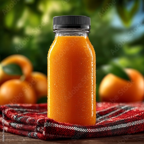 Fresh mango juice bottle with ripe mangoes on checkered picnic blanket in warm sunlight