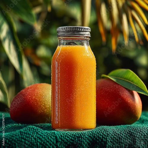 Fresh mango juice bottle with ripe mangoes on green blanket in tropical outdoor setting