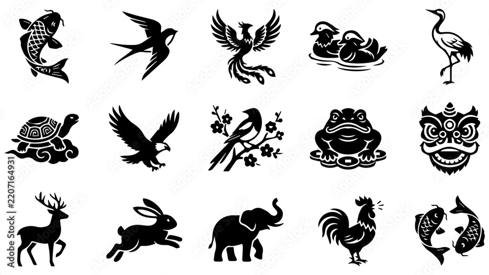 Obraz premium Set of black silhouette animal icons featuring birds fish mammals and traditional asian symbols