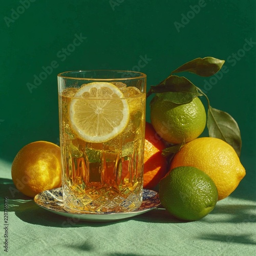 Refreshing lemon iced tea in glass with citrus fruits on kitchen counter in bright natural light