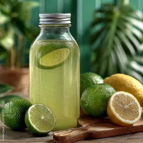 Refreshing homemade lemon limeade in glass bottle with citrus slices on rustic wooden table outdoors