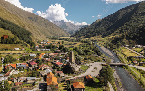 Scenic Aerial View of Medieval Sno Tower and Village in Georgia