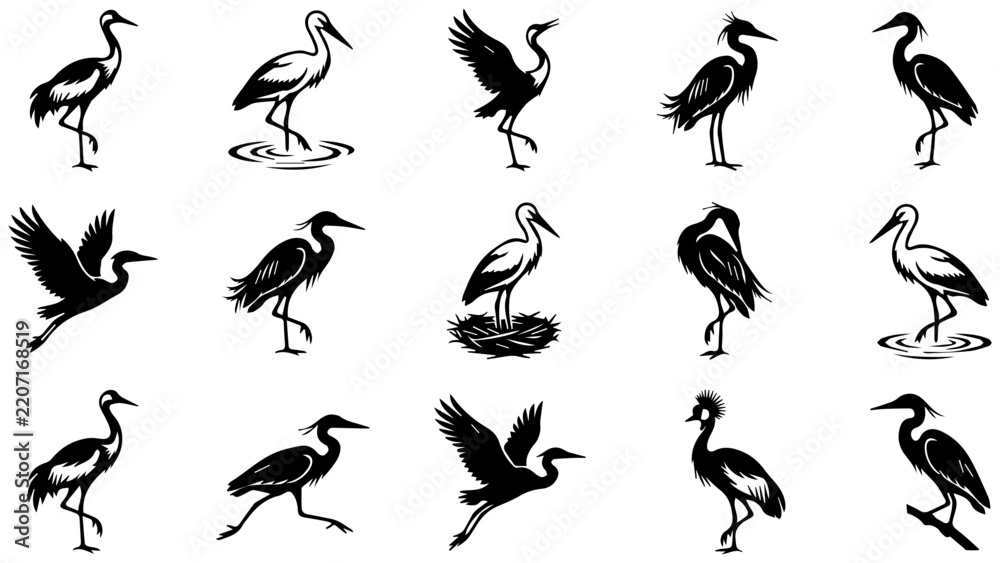 Fototapeta premium Set of black silhouette icons of storks and herons in various poses standing and flying birds