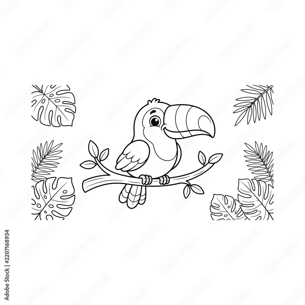 Obraz premium A cute cartoon toucan bird sitting on a tree branch surrounded by tropical jungle leaves coloring page