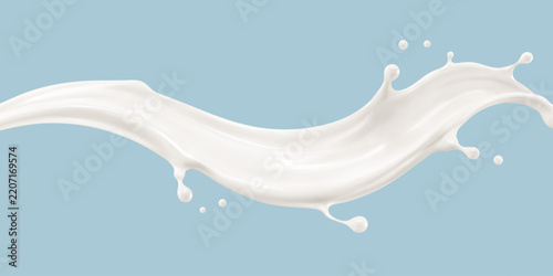 Flowing milk splash. Dynamic white dairy liquid wave with droplets. Vector illustration.