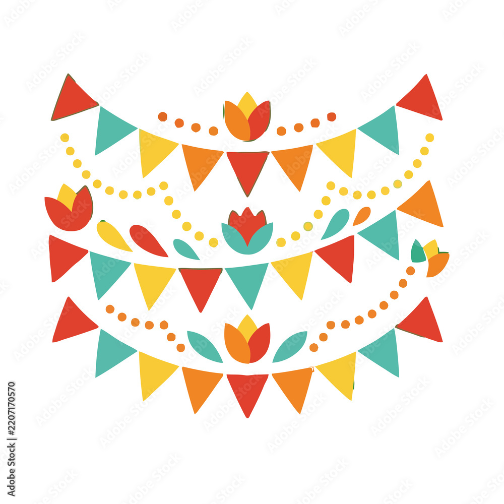 Fototapeta premium Colorful bunting flags and flowers decoration