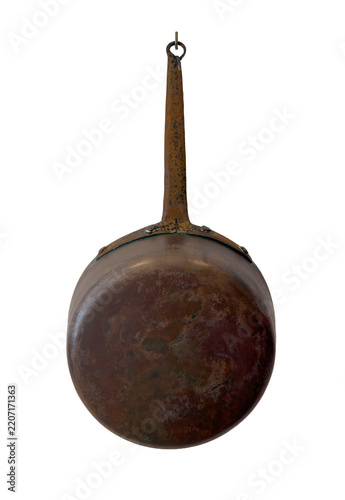 Antique copper pan hanging, kitchen rustic cookware