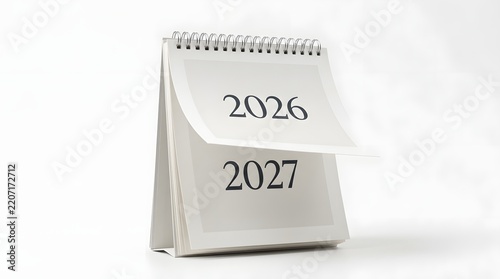 A desk calendar showing the years 2026 and 2027, isolated on white background