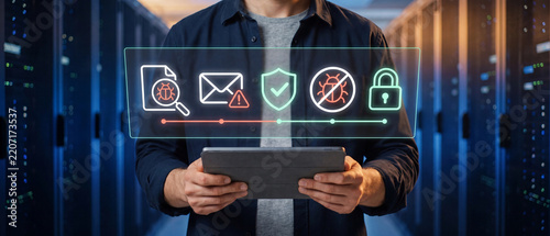 A man holds a tablet displaying icons of malicious files and spam detected and neutralized by antivirus software. Cybersecurity concept.