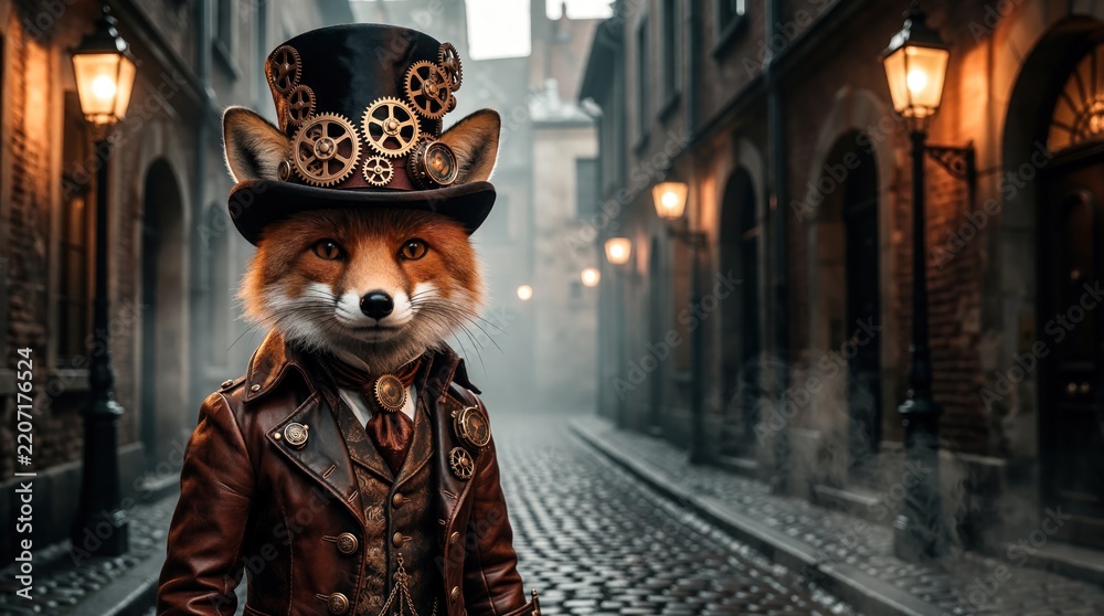 Obraz premium Futuristic fox wears steampunk costume with top hat, leather jacket. Anthropomorphic animal character stands on foggy old city street with cobblestones. Sci-fi fantasy creature looks at viewer in
