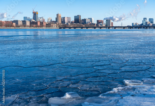 landscape of Boston cityscape skyline and frozen Charles river