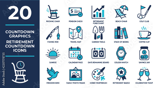 Retirement countdown icon set. Includes rocking chair, pension check, travel map, and savings jar. Blue vector symbols for senior lifestyle, financial planning, and aging.