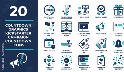 Crowdfunding campaign solid icon set. Includes symbols for countdown clock, funding goal, pledge hand, and backer badge. Vector graphics for startup launch and business finance.