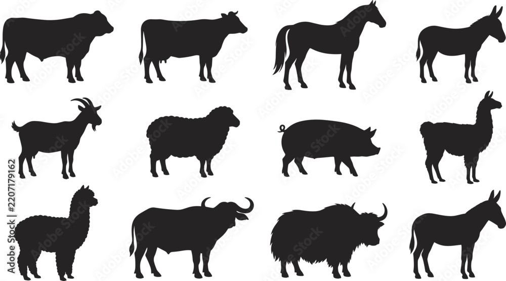 Obraz premium Farm Animal Silhouette Collection with Cow Horse Sheep and Pig Symbols for Agriculture and Livestock Graphic Design Projects