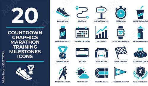 Marathon training countdown milestones icon set vector. Includes running shoe, route map, stopwatch, medal, finish line, and hydration bottle. Flat vector icons for sports events.