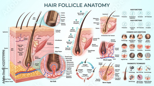 Detailed medical illustration showing human hair follicle anatomy growth cycles functions and common scalp conditions with labels