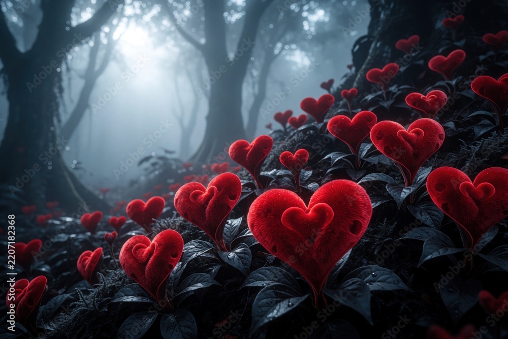 Obraz premium Red heart shaped flowers bloom in mystical foggy forest. Fantasy woodland landscape with dark plants, magical atmosphere. Ethereal red hearts grow on ground under misty trees. Romantic fairytale