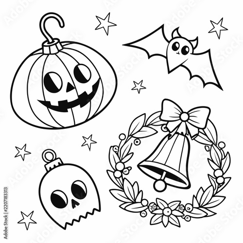 coloring page line art christmas icon set black vector