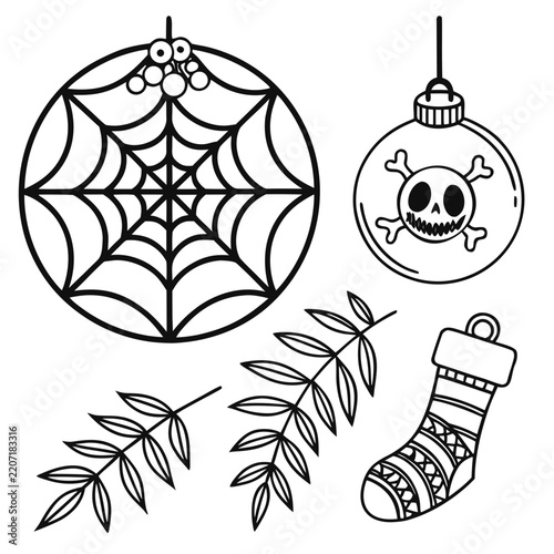 coloring page line art christmas icon set black vector
