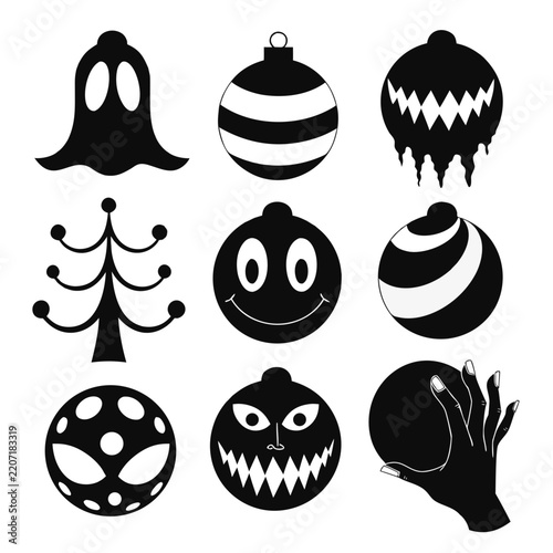 coloring page line art christmas icon set black vector
