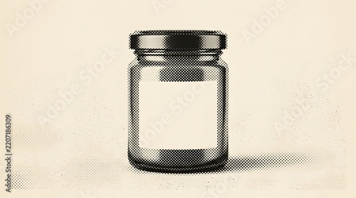 Glass jar halftone design with screw cap and white label for kitchen storage on plain base.