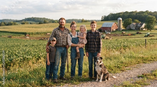 Happy farming family with dog and farm in background at sunset