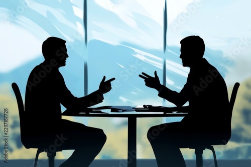 Silhouettes of two business men having a meeting and discussing sitting at a table near a window