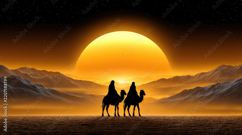 Obraz premium Three figures on camels journeying across a desert with mountains under a bright guiding star, symbolizing the spiritual pilgrimage, faith, and anticipation of the birth of jesus