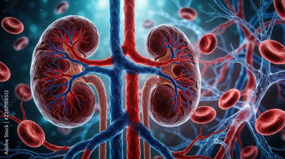Fototapeta premium 3D render shows human kidneys with complex blood vessel network. Red, blue arteries carry blood cells through renal system. Medical illustration internal anatomy, circulation, organ function for