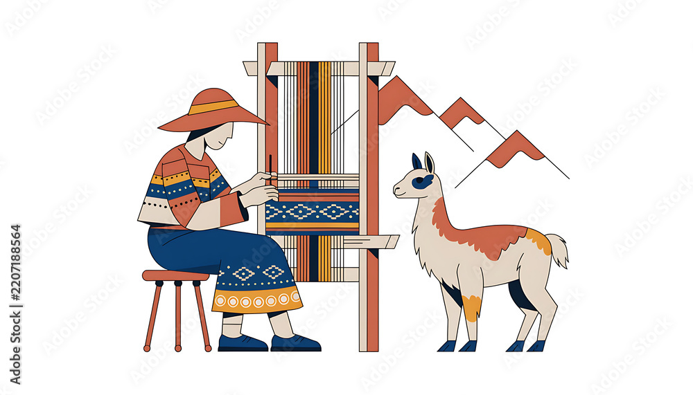 Fototapeta premium Man with llama in a traditional andean scene